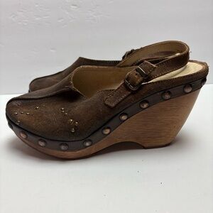Velez Leather Shoes Brown Mules Clogs Sling Back Studded Detail Wood Heel 39